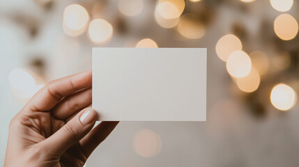 Obraz premium A hand with an elegant touch, gently holding a blank white business card in front of a soft-focus background of bokeh lights in shades of gold and silver. The light reflections on