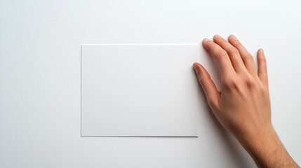 A hand gently gripping the edge of a blank white business card, set against a clean, bright white background. The card&acirc;s sharp, clean lines are accentuated by soft, diffused lighti