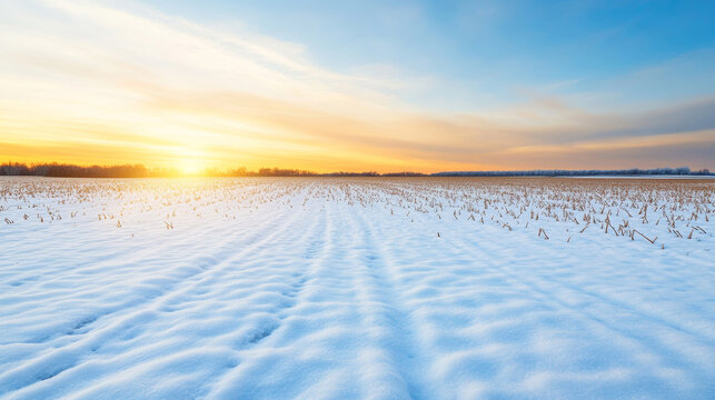 Wide-angle minimalist photo of a large snow-covered field under a dramatic winter sky at sunrise