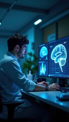 A focused researcher analyzes brain scans on dual monitors in a dimly lit lab, highlighting advancements in neuroscience and technology.