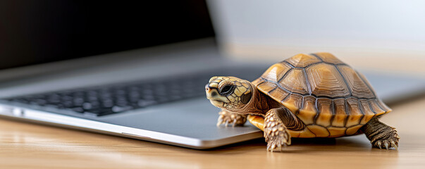 Tiny turtle crawling across laptop keyboard, representing sluggish digital performance and technological frustration