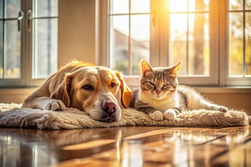 Cozy Canine & Feline Nap: Peaceful Dog and Cat Sleeping Together on a Soft Blanket