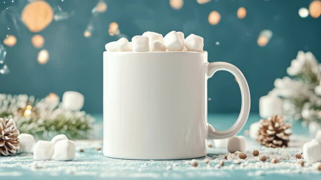 White frosted mug with marshmallow and sprinkles inside that gives it a mouthwatering look, the mug is on a table outside in daylight and a blurry bright snowy background with a few tiny crunchies aro