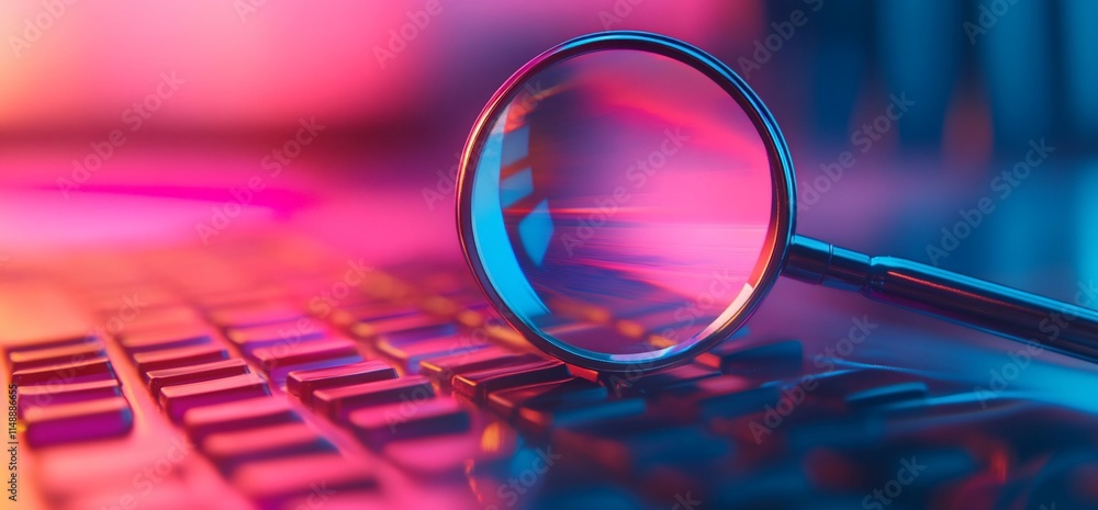 Poster a magnifying glass over a keyboard, creating a colorful, tech-inspired scene.