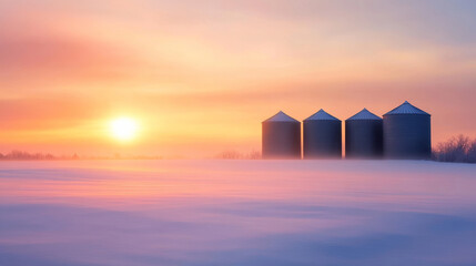 Tall silos emerging through morning mist, snow-covered ground illuminating soft sunrise light