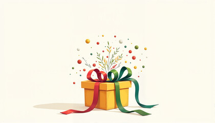 Yellow gift box with festive ribbons and holiday decorations