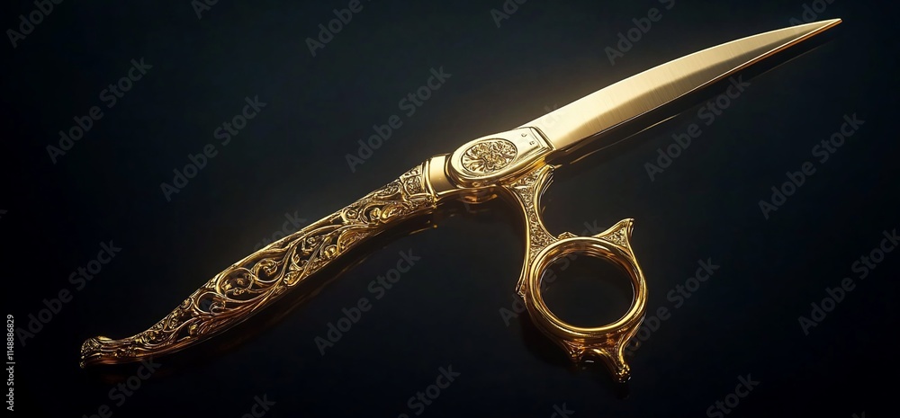 Poster a luxurious golden pair of scissors with intricate designs and a unique handle.