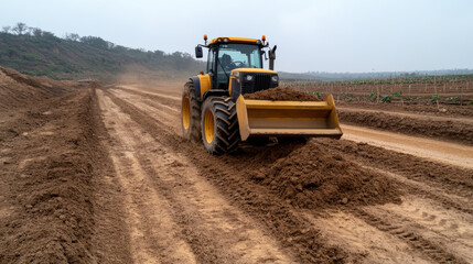 Obraz premium Farmer operating front-loader tractor spreading compost between vegetable crop rows on sustainable agricultural land