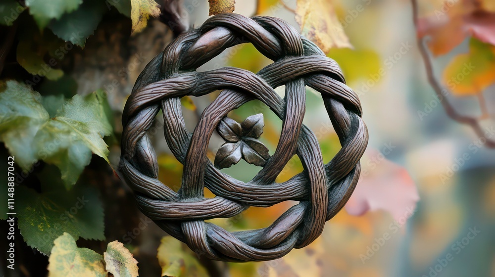 Poster intricate bronze circular design with woven texture and leaf detail, mounted on a tree with autumn l