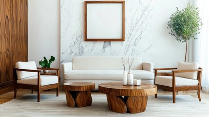 Minimalist, loft home interior design of modern living room with white sofa, wooden armchairs. Natural Wooden coffee table. Wall with blank frame. Marble wall.