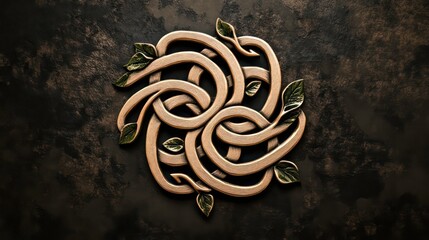 Intricate bronze Celtic knotwork design with green leaves on dark background.
