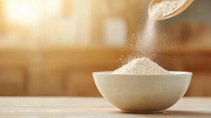 Chickpea flour cascading from wooden spoon, forming cloud of dust against rustic kitchen backdrop bathed in golden sunlight