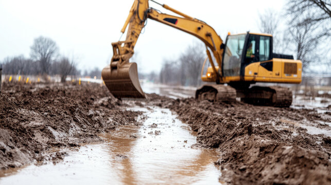 Excavator digging on a muddy construction site for a levee during winter, with water and flood barriers in the background
