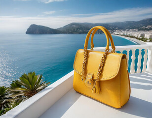 A yellow leather bag with a braided handle on the white balcony overlooking the sea - generated by ai