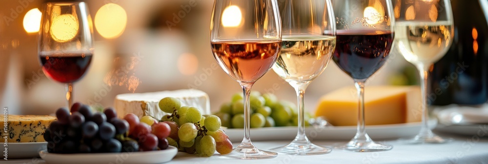 Poster elegant table setting with wines and cheese during an evening gathering. generative ai