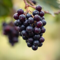 Fototapeta premium Black grapes in a soft, dreamy style. Hazy light gives a blurred background. Deep purple hues dominate the image. The overall impression is of gentle, subdued beauty