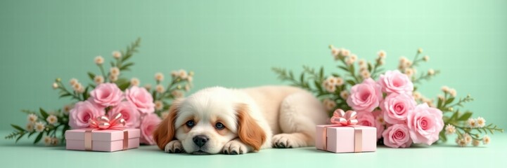 Adorable puppy surrounded by pastel flowers and gift boxes, perfect for promotions related to pets, gifts, or floral arrangements.