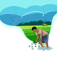 Asian Bangladeshi Farmer collecting crops form crops field. Beautiful nature rural village and happy farmer. colorful artwork illustration farmers work.