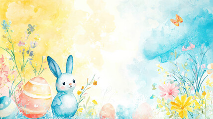 Obraz premium A soft watercolor effect background in pastel tones of yellow, blue, and pink, featuring delicate Easter motifs like eggs, flowers, and bunnies, perfect for artistic and lighthearted designs.