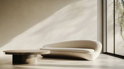 Modern minimalist lounge with clean, refined design. Featuring sleek lines and neutral colors
