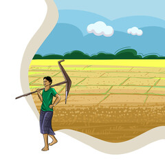 Asian Bangladeshi Farmer collecting crops form crops field. Beautiful nature rural village and happy farmer. colorful artwork illustration farmers work.
