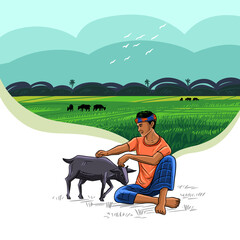 Asian Bangladeshi Farmer collecting crops form crops field. Beautiful nature rural village and happy farmer. colorful artwork illustration farmers work.