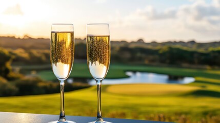 Obraz premium Two champagne flutes filled with sparkling wine, sitting on a surface overlooking a lush green golf course at sunset.