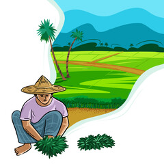 Asian Bangladeshi Farmer collecting crops form crops field. Beautiful nature rural village and happy farmer. colorful artwork illustration farmers work.