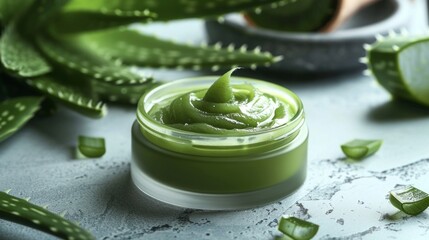Aloe vera skincare gel in a transparent jar with fresh aloe leaves, showcasing natural hydration and soothing properties.