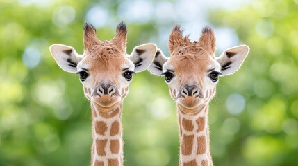 Obraz premium Two adorable baby giraffes pose for a close-up portrait against a blurred green background.
