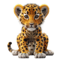 A baby jaguar is sitting on its hind legs and looking at the camera