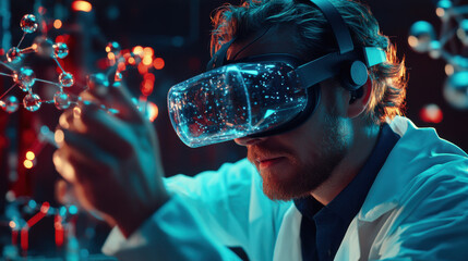 Scientist in Virtual Reality Exploring Molecular Structures in a Modern Laboratory with Advanced Technology and Colorful Visual Effects