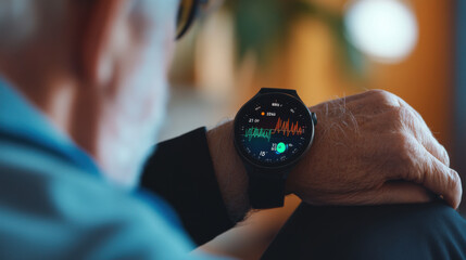 Close-Up View of Elderly Person Wearing Smartwatch Displaying Heart Rate and Health Data on Screen in Cozy Indoor Setting