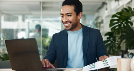 Fototapeta premium Business, laptop and man happy with paperwork in office for financial statement, company account or planning. Employee, accountant and smile with budget report for risk management or proposal review