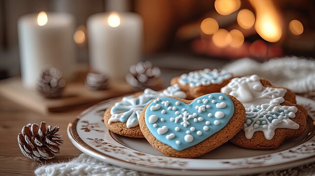 Delicious winter-themed cookies decorated with blue icing and snowflake patterns, surrounded by warm candlelight and cozy surroundings