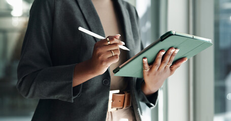 Tablet, pen and hands with business woman in office for creative director, branding designer and...
