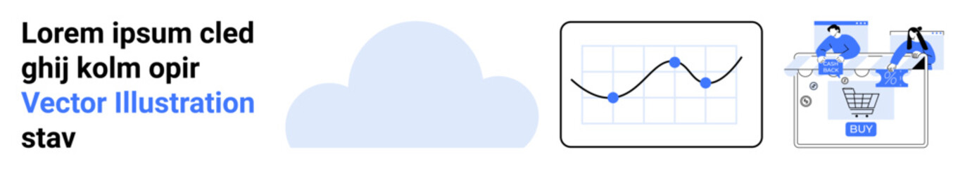 Cloud icon beside a business chart with rising data points and two people shopping online. Ideal for technology, data analytics, e-commerce, cloud services, business growth, digital marketing
