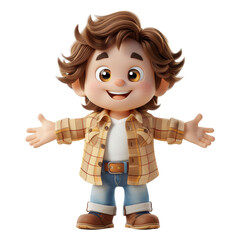 A cartoonish boy with brown hair and a plaid shirt is smiling