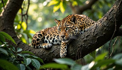 Elegant leopard lounging on a tree branch in a vibrant jungle setting with lush green leaves