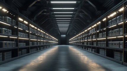 A modern storage facility with illuminated shelves and a long corridor.
