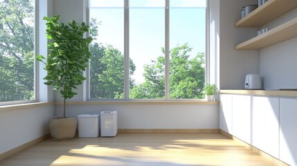 Bright and airy modern kitchen interior with large windows showcasing lush greenery outside and minimalist decor