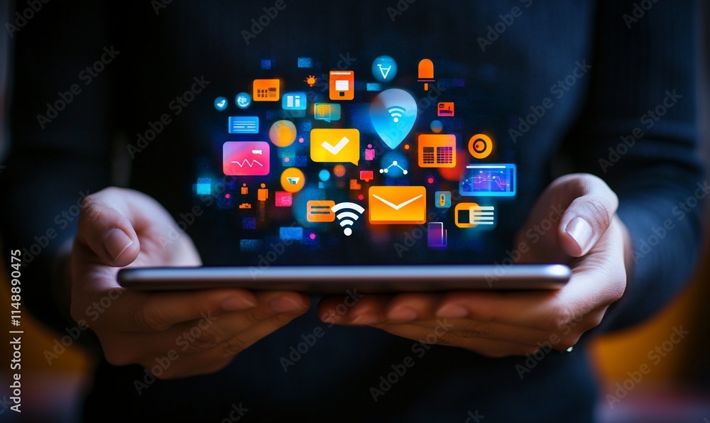 Poster a person holding a tablet with floating app icons representing digital communication.