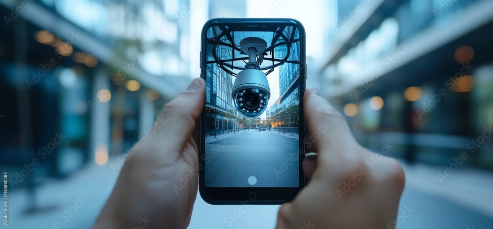 Poster a person holding a smartphone displaying a security camera in an urban setting.