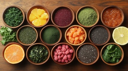 Various superfoods in wooden bowls on table.