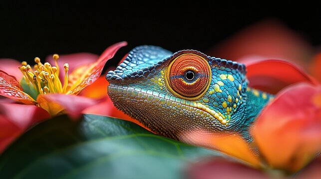 Camelion on leaf with red-yellow flowers against black backdrop