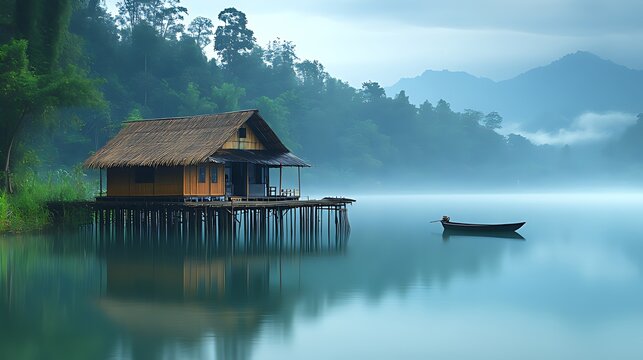 Tranquil lakeside hut at misty dawn, serene reflection.