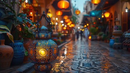 Illuminated Lantern in a Mystical Arabian Night Market