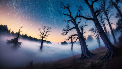 Fototapeta premium Amazing night forest, trees, fog, starry sky