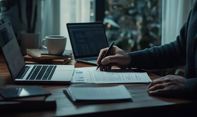 A person reviews documents at a desk with a laptop and coffee.