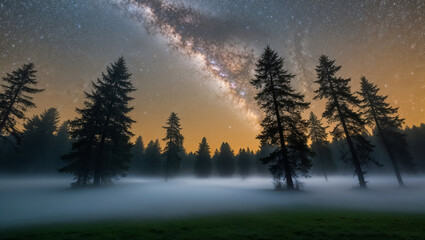 Fototapeta premium Amazing night forest, trees, fog, starry sky